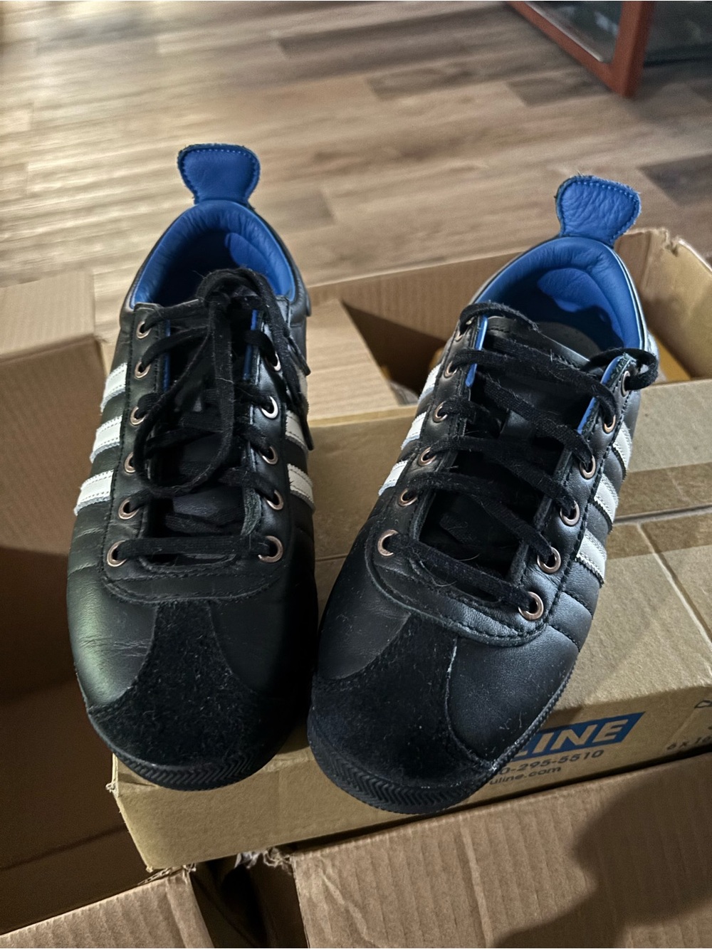adidas Black Sneakers with White Stripes and Blue Lining sambas boys 6.5